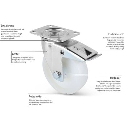 Nylon zwenkwiel met rem 100 mm - rollager - 200 kg