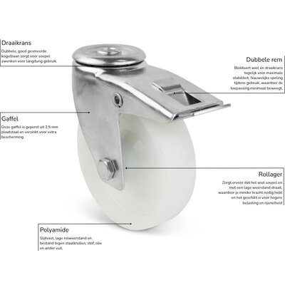 Nylon zwenkwiel met rem 100 mm - rollager - 200 kg