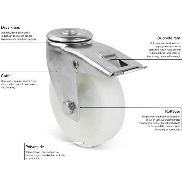 Nylon zwenkwiel met rem 100 mm - rollager - 200 kg