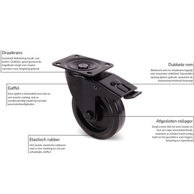 Zwart zwenkwiel met rem 100 mm - rollager - 150 kg