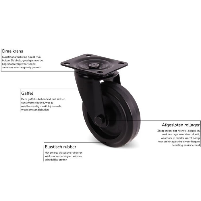 Zwart zwenkwiel 100 mm - rollager - 150 kg