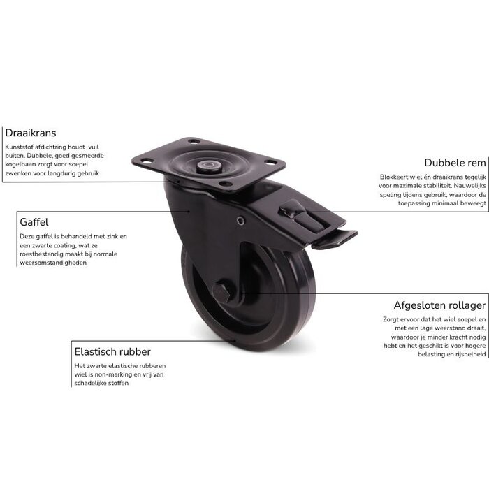 Zwart zwenkwiel met rem 125 mm - rollager - 200 kg