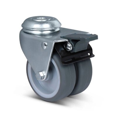 Dubbel zwenkwiel met rem 75 mm - boutgat - 120 kg