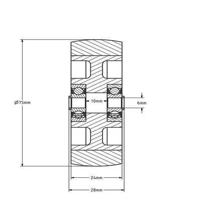 Rubber wiel 75 mm - kogellager asgat 6 mm - 75 kg