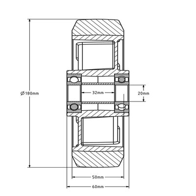 Rubber wiel 180 mm - kogellager asgat 20 mm - 350 kg