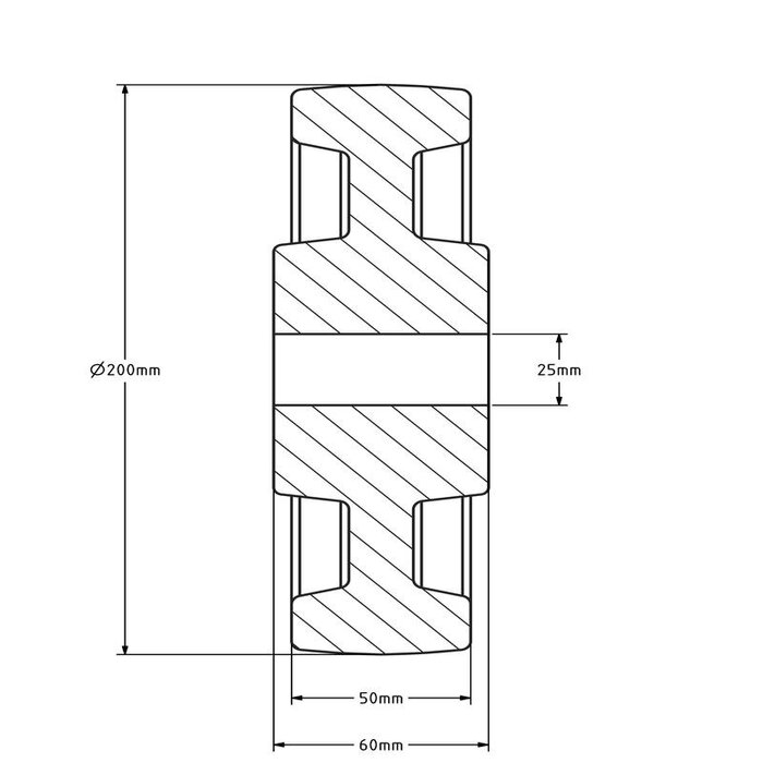 Nylon wiel 200 mm - asgat 25 mm - 1300 kg