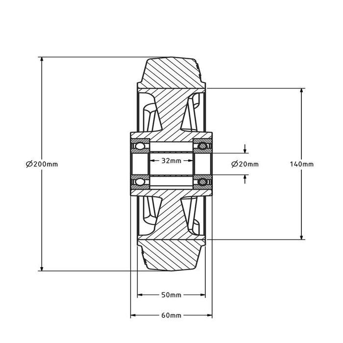 ESD Rubber wiel 200 mm - antistatisch - kogellager asgat 20 mm - 400 kg