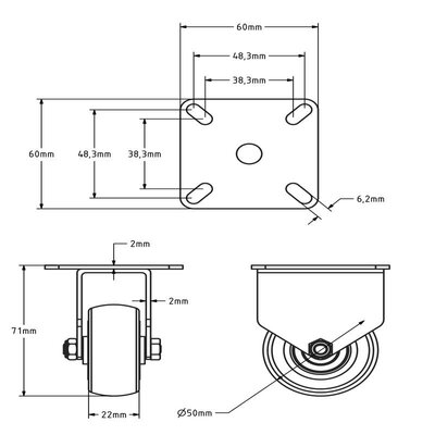 Zwart bokwiel 50 mm - kogellager - plaat - 50 kg