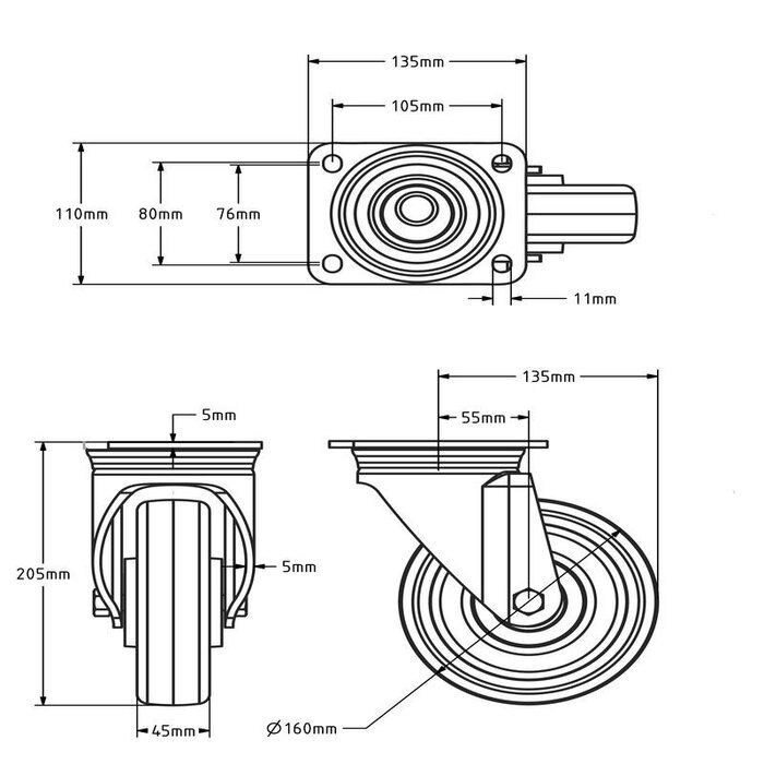 Nylon zwenkwiel 160 mm - kogellager - 700 kg