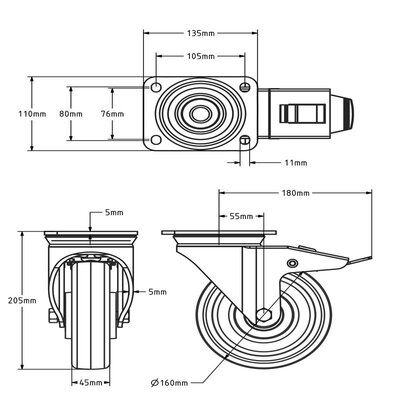 Nylon zwenkwiel met rem 160 mm - kogellager - 700 kg