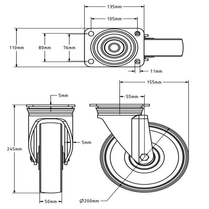 Nylon zwenkwiel 200 mm - kogellager - 800 kg