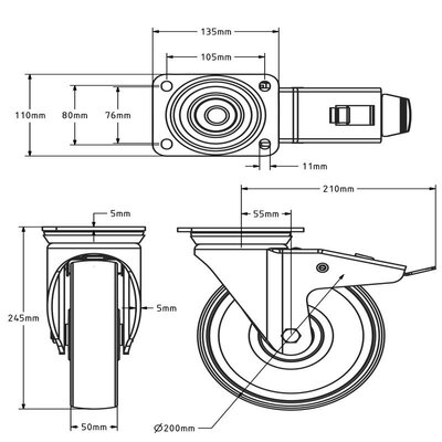 Nylon zwenkwiel met rem 200 mm - kogellager - 800 kg