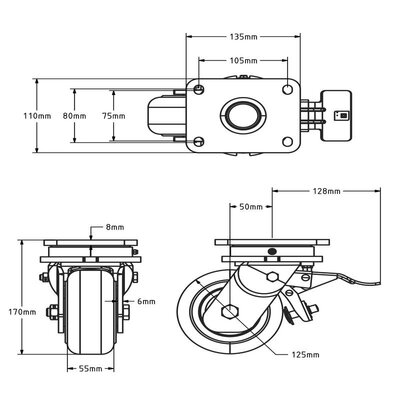 Gietnylon zwenkwiel met rem 125 mm - 2000 kg