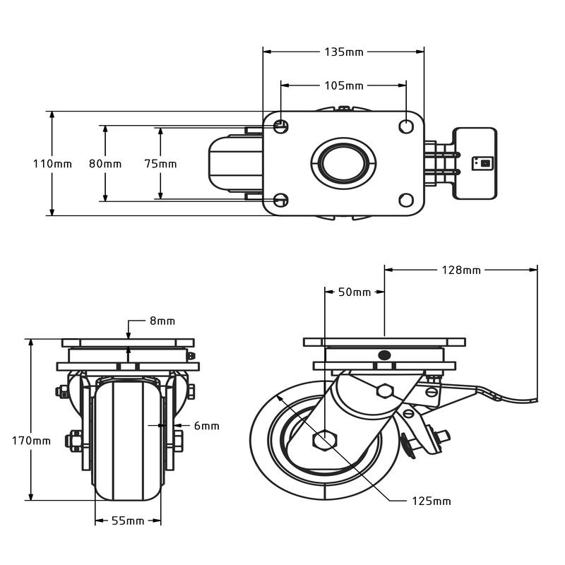 Gietnylon zwenkwiel met rem 125 mm - 2000 kg