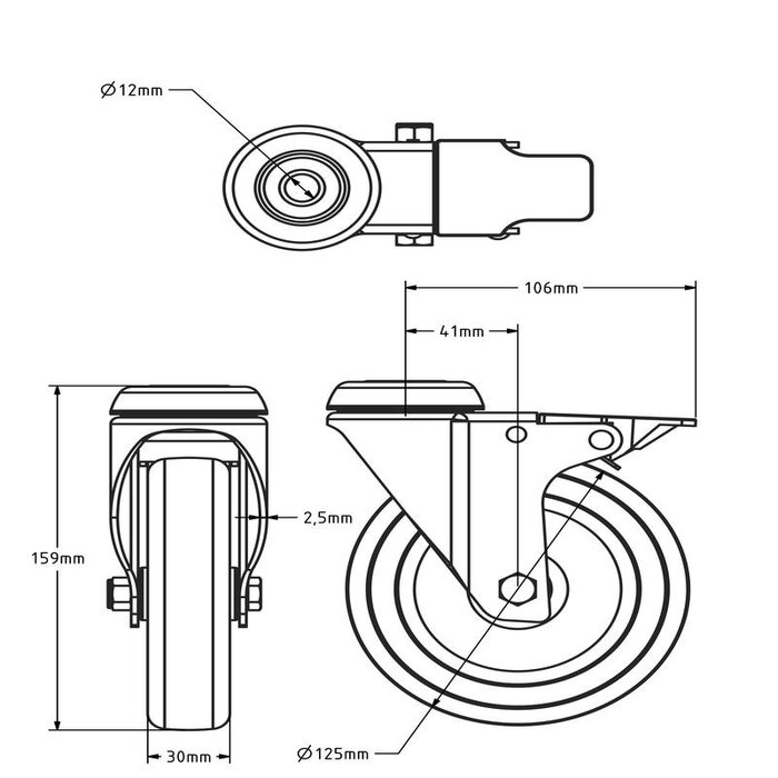 Derby Ruote Rvs zwenkwiel met rem 125 mm - Rubber - 100 kg