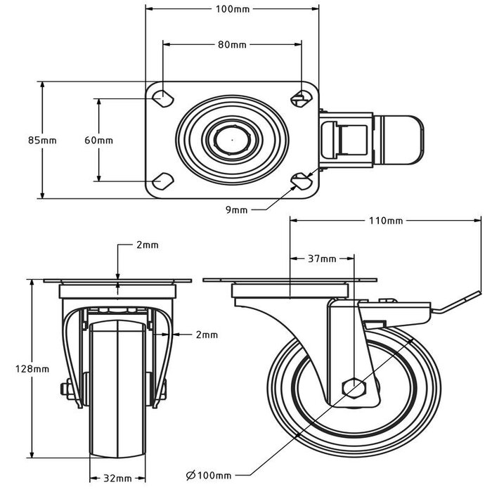 Rvs zwenkwiel met rem 100 mm - Rubber - 100 kg
