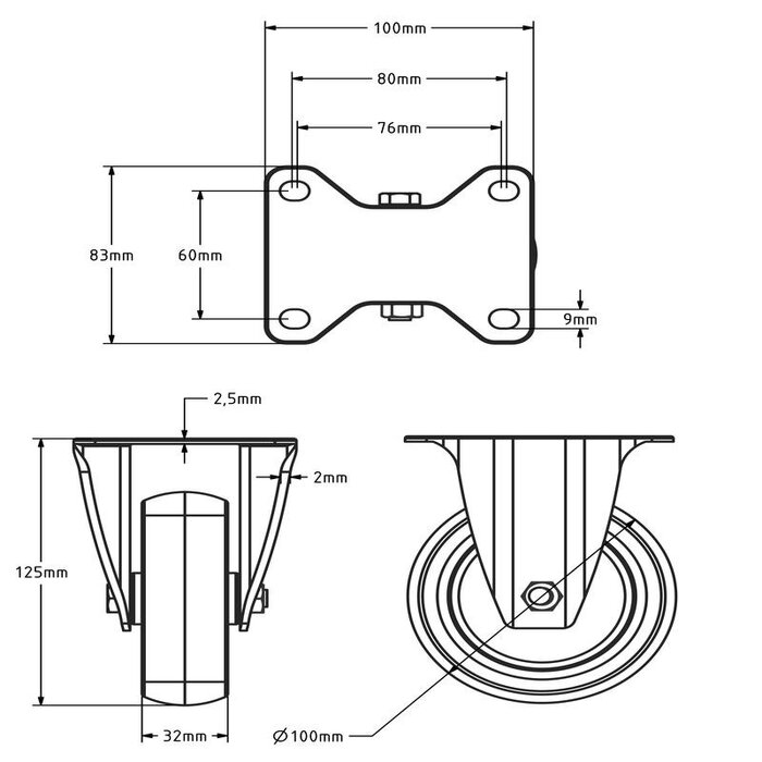 Rvs bokwiel 100 mm - Rubber - 100 kg