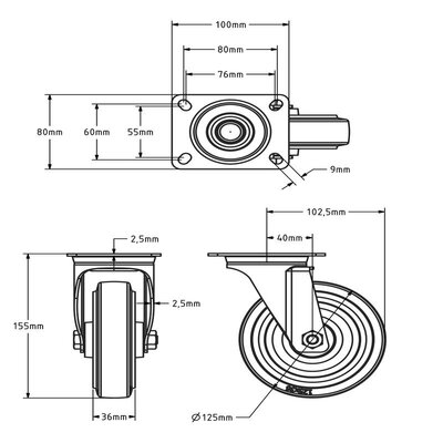 Rvs zwenkwiel 125 mm - Elastisch rubber - 190 kg