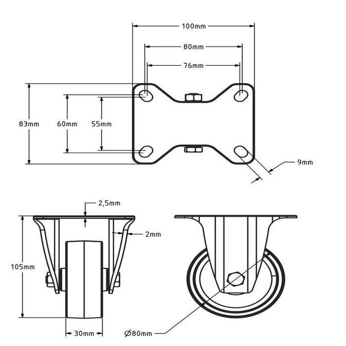 Rvs bokwiel 80 mm - Nylon - 120 kg