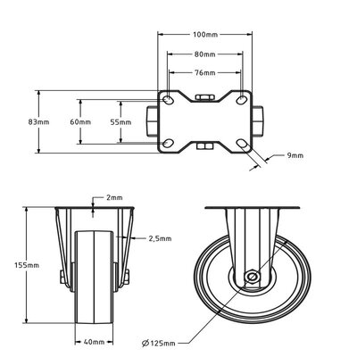 Rvs bokwiel 125 mm - Nylon - 150 kg