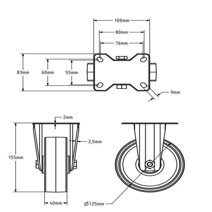 Rvs bokwiel 125 mm - Nylon - 150 kg