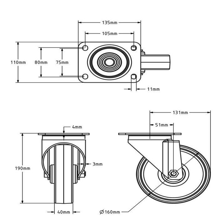Rvs zwenkwiel 160 mm - Nylon - 300 kg