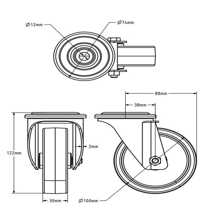 Rvs zwenkwiel 100 mm - Nylon - 150 kg