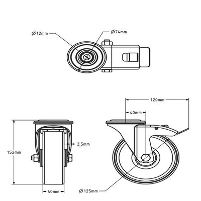 Rvs zwenkwiel met rem 125 mm - Nylon - 200 kg