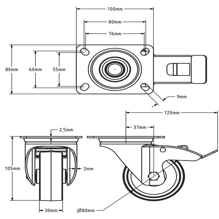 Rvs zwenkwiel met rem 80 mm Nylon - rollager - 120 kg