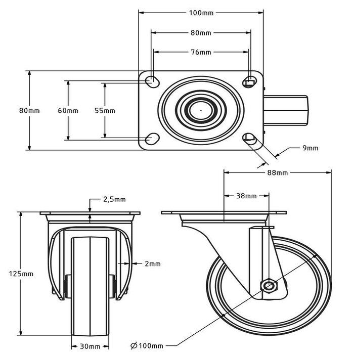 Rvs zwenkwiel 100 mm Nylon - rollager - 150 kg