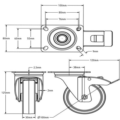 Rvs zwenkwiel met rem 100 mm Nylon - rollager - 150 kg