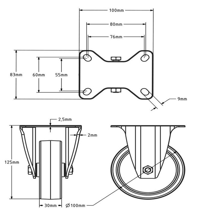 Rvs bokwiel 100 mm Nylon - rollager - 150 kg
