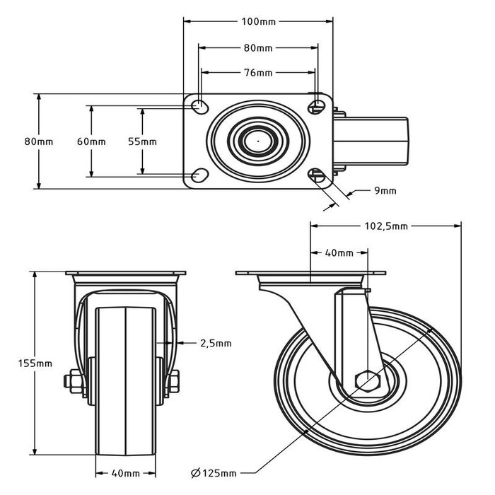 Rvs zwenkwiel 125 mm Nylon - rollager - 200 kg