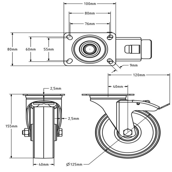 Rvs zwenkwiel met rem 125 mm Nylon - rollager - 200 kg
