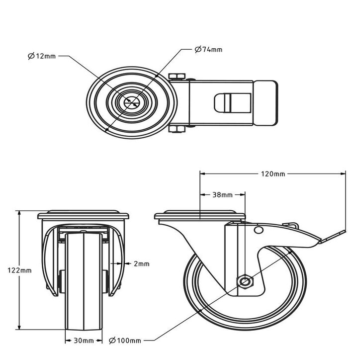 Rvs zwenkwiel met rem 100 mm Nylon - rollager - 150 kg