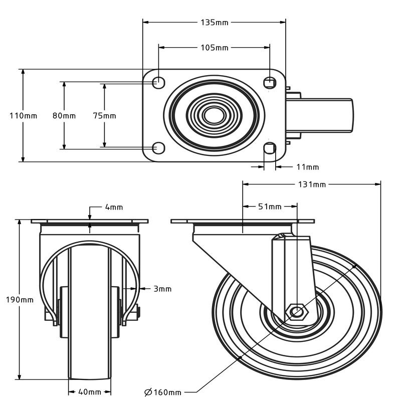 Rvs zwenkwiel 160 mm PU - kogellager - 450 kg