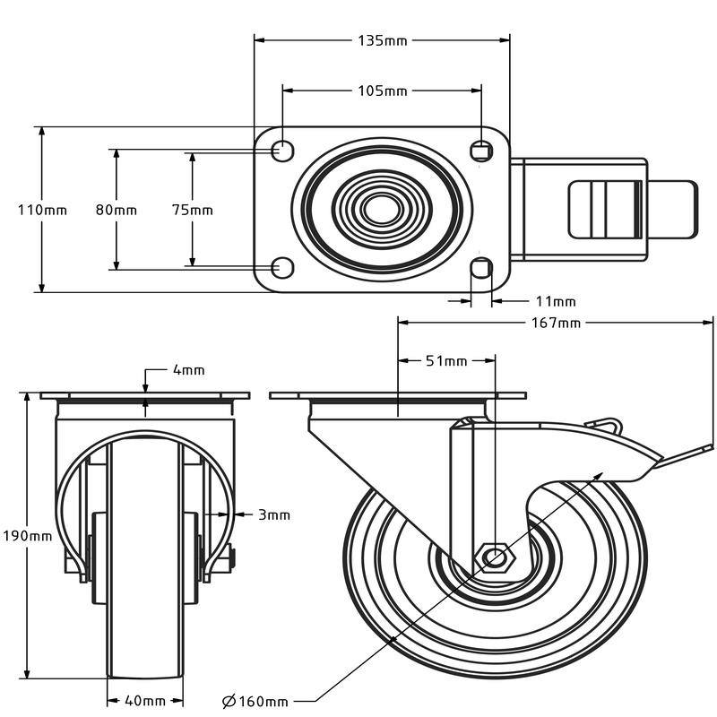 Rvs zwenkwiel met rem 160 mm - kogellager - 450 kg