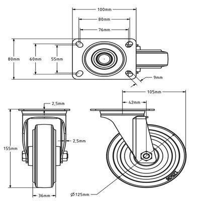 Rvs zwenkwiel 125 mm - Elastisch rubber - 190 kg