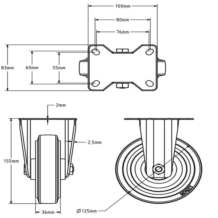 Rvs bokwiel 125 mm - Elastisch rubber - 190 kg