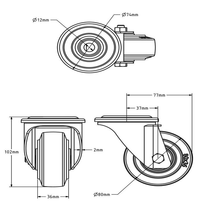 Rvs zwenkwiel 80 - Elastisch rubber - 110 kg