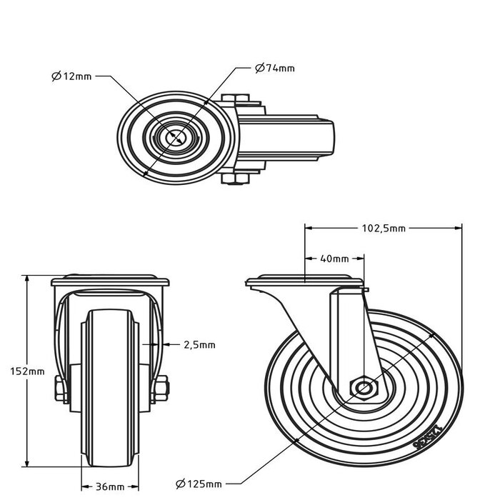 Rvs zwenkwiel 125 mm - Elastisch rubber - 190 kg