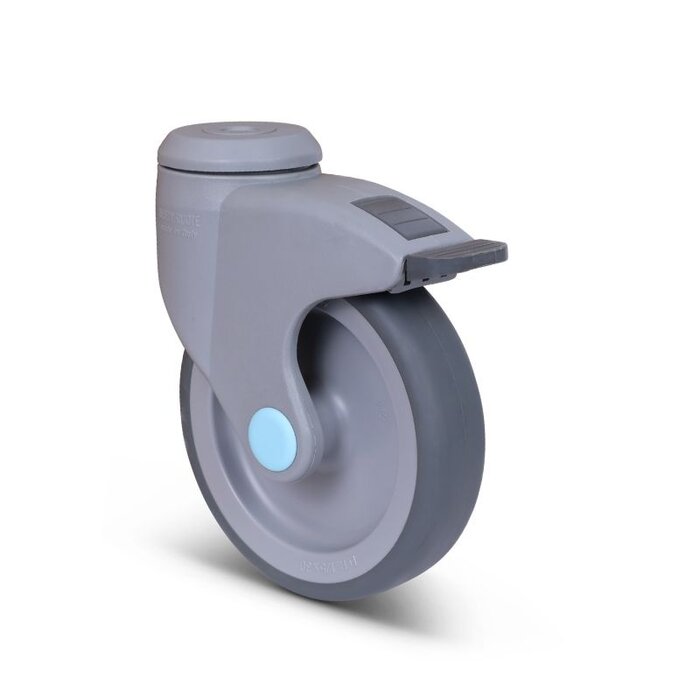 Kunststof zwenkwiel met rem 125 mm - boutgat - 100 kg