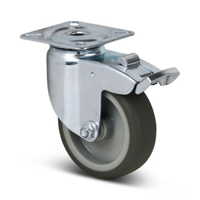 Rubber zwenkwiel met rem 75 mm - plaat - 75 kg