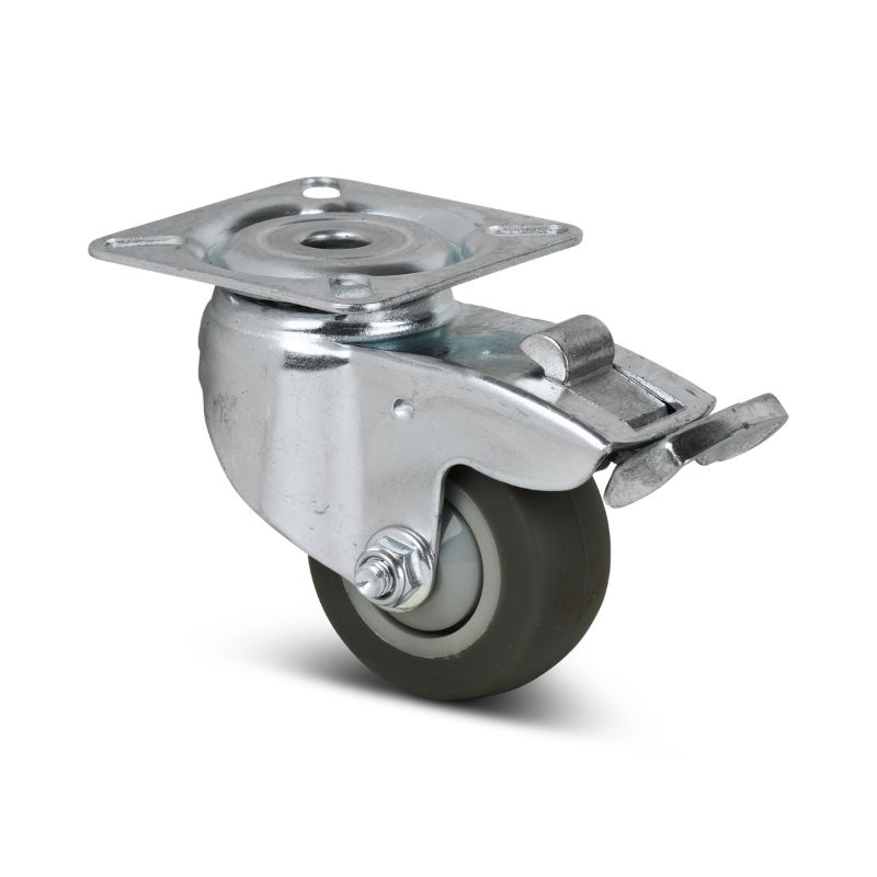 Rubber zwenkwiel met rem 50 mm - kogellager - plaat - 50 kg