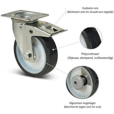 PU zwenkwiel met rem 80 mm - kogellager - 120 kg