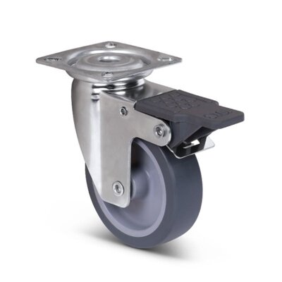 Rvs zwenkwiel met rem 75 mm - Rubber - 60 kg