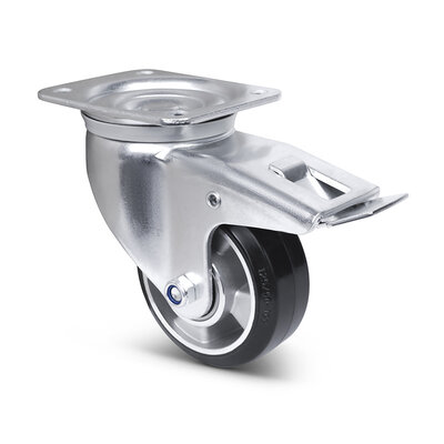 Rubber zwenkwiel met rem 125 mm - kogellager - 300 kg