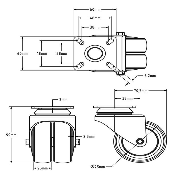 Dubbel zwenkwiel 75 mm - kogellager - plaat - 100 kg