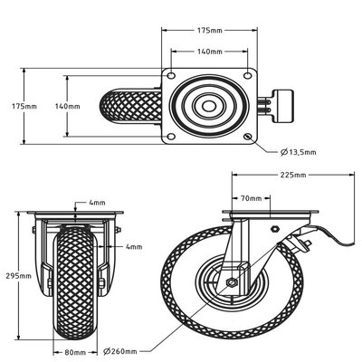Zwenkwiel met rem 260 mm - luchtband - 150 kg