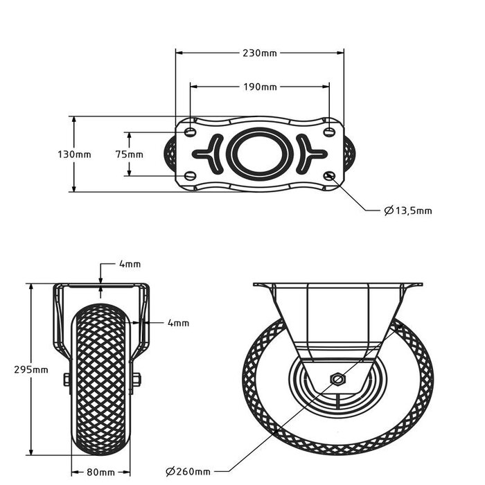 Antilek bokwiel 260 mm - Massief PU - 150 kg